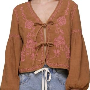 Avec Les Filles Pink Embroidered Brown Tie-Front Blouse Jacket